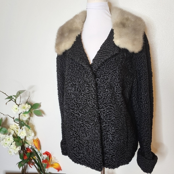 Vintage 1950s Persian Curly Lamb Coat Mink Collar Fort Fur Co. Luxury Jacket - Picture 11 of 15